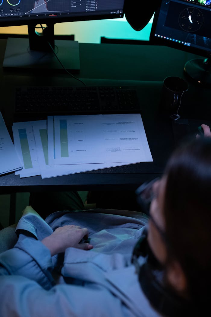 Businesswoman analyzing financial documents on a computer desk setup.